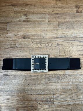 Black Elastic Waist Belt with Crystal Square Buckle, Plus Size Belt